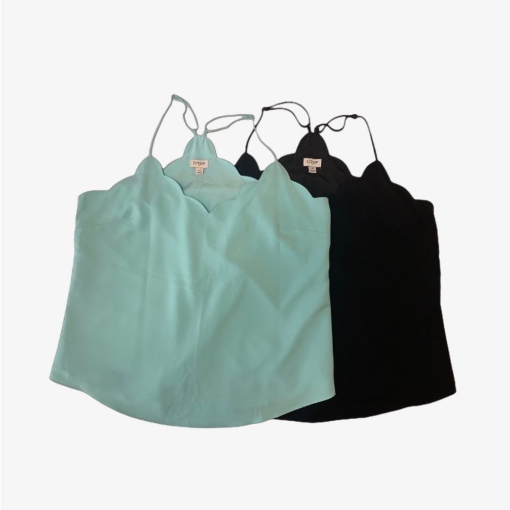 Lined, scalloped neckline camisoles. J. Crew size 14, black & mint.